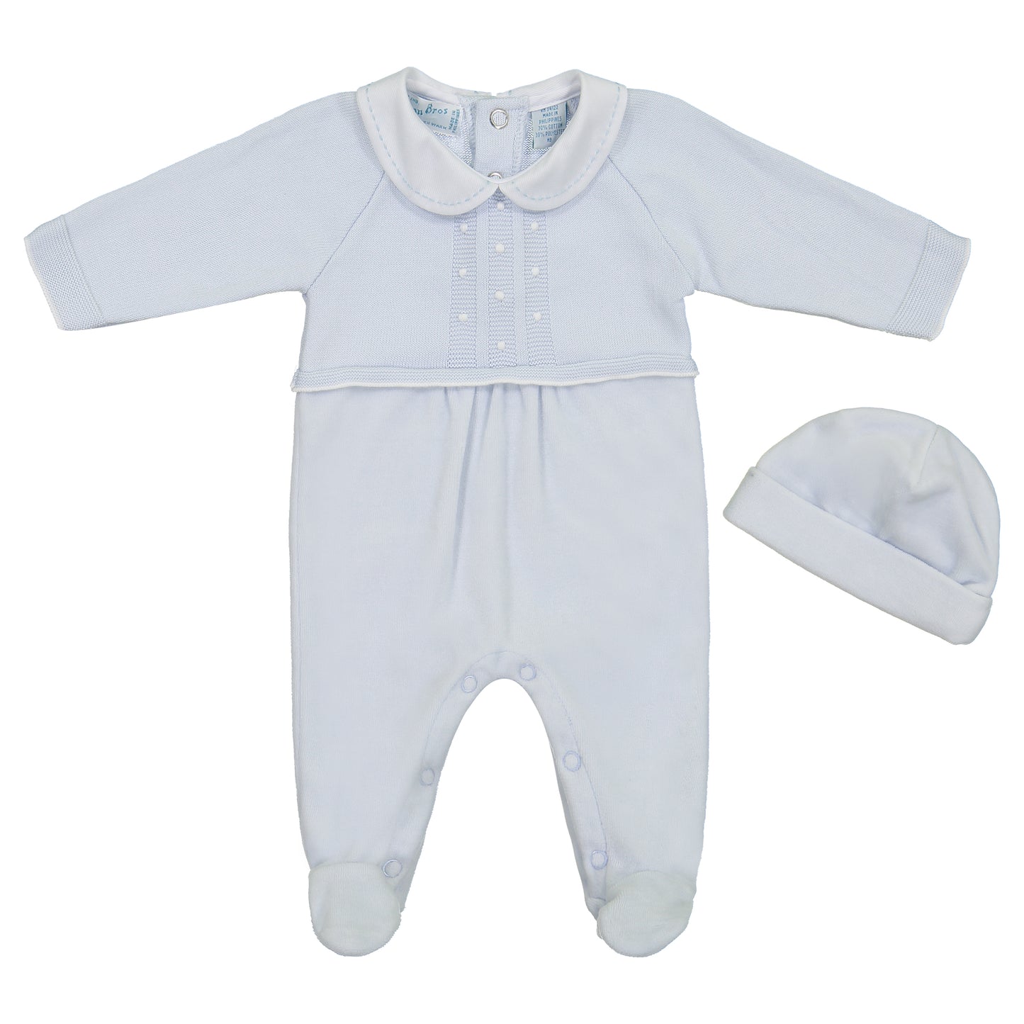 Blue Velour Dot Knit Romper with Hat
