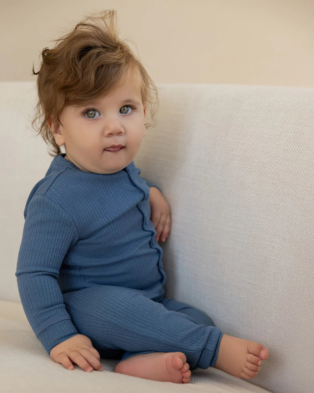 2 Piece Kids Ribbed Cotton Blend Solid Color Button-Down Pajama Set