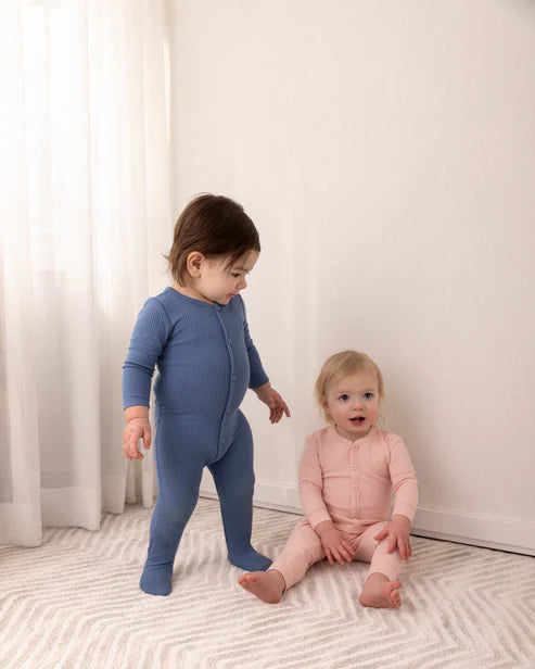 2 Piece Kids Ribbed Cotton Blend Solid Color Button-Down Pajama Set