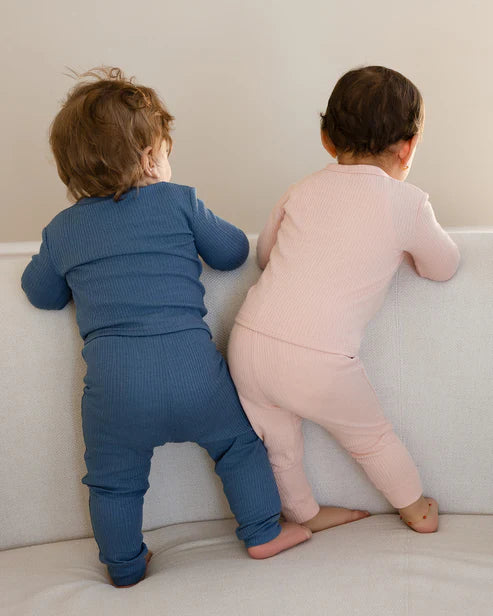 2 Piece Kids Ribbed Cotton Blend Solid Color Button-Down Pajama Set