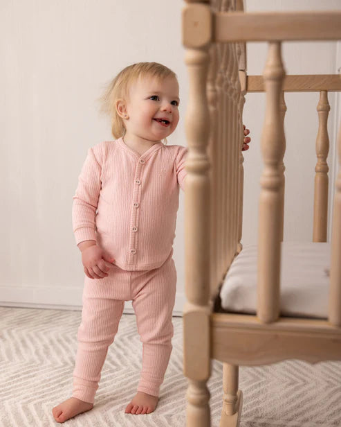2 Piece Kids Ribbed Cotton Blend Solid Color Button-Down Pajama Set