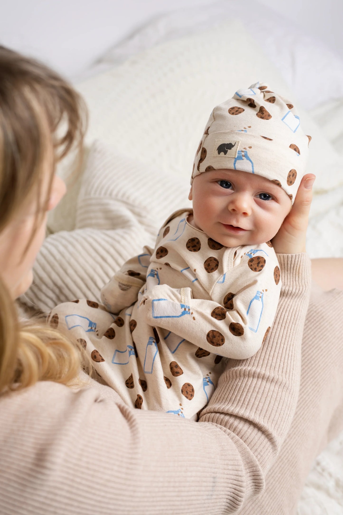 Zipper one piece cookies and milk with Baby Top knot cap
