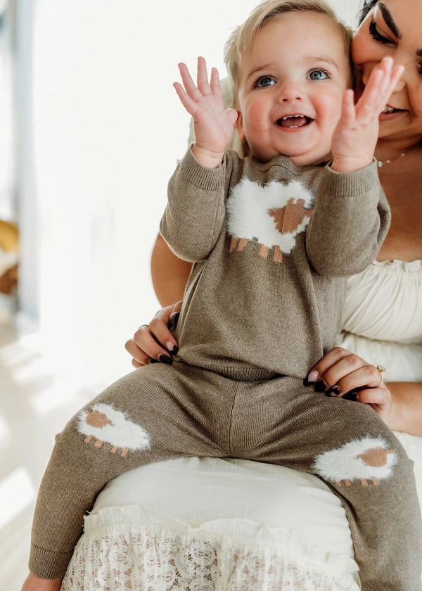 Sheep Jacquard Knit Baby Pullover & Pant SET Organic Cotton