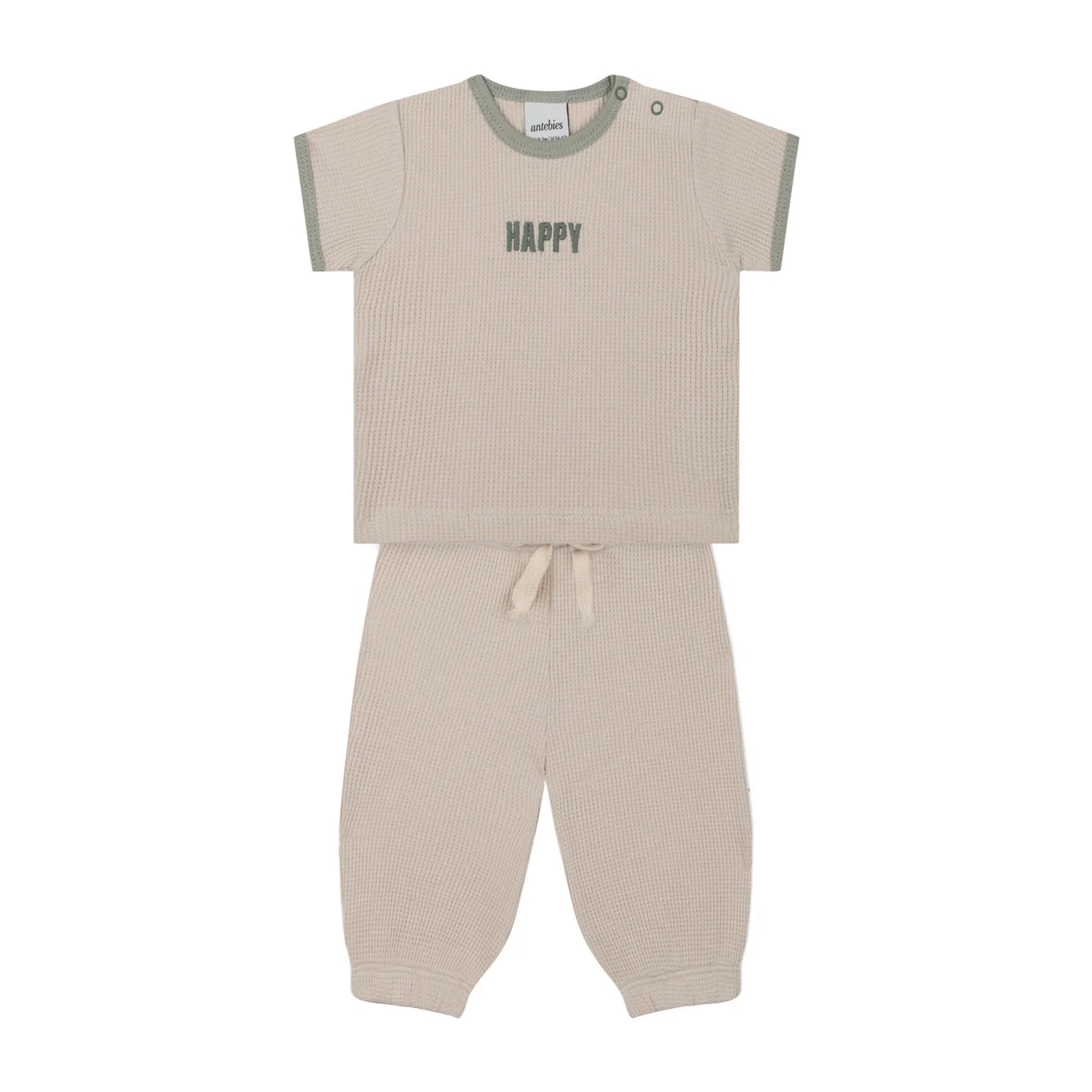 Beige Waffle Tshirt + Pants Set with Green Contrast and Happy Embroidery