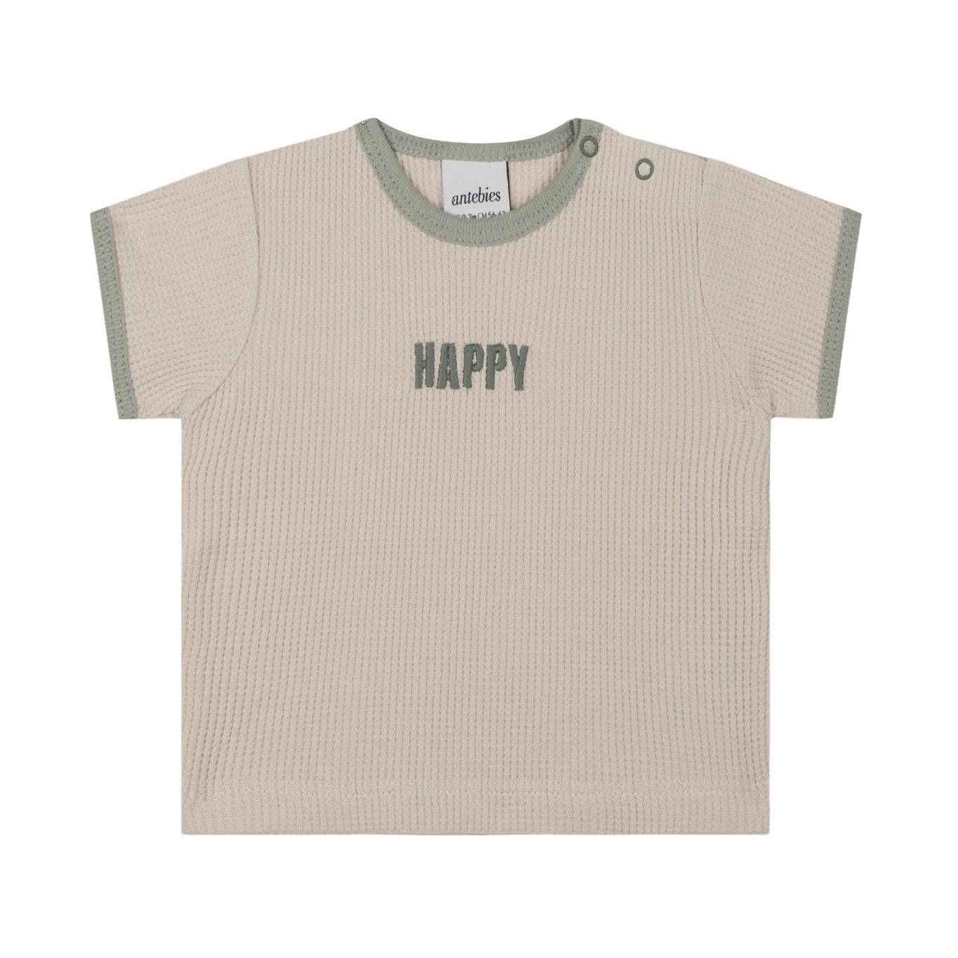 Beige Waffle Tshirt + Pants Set with Green Contrast and Happy Embroidery