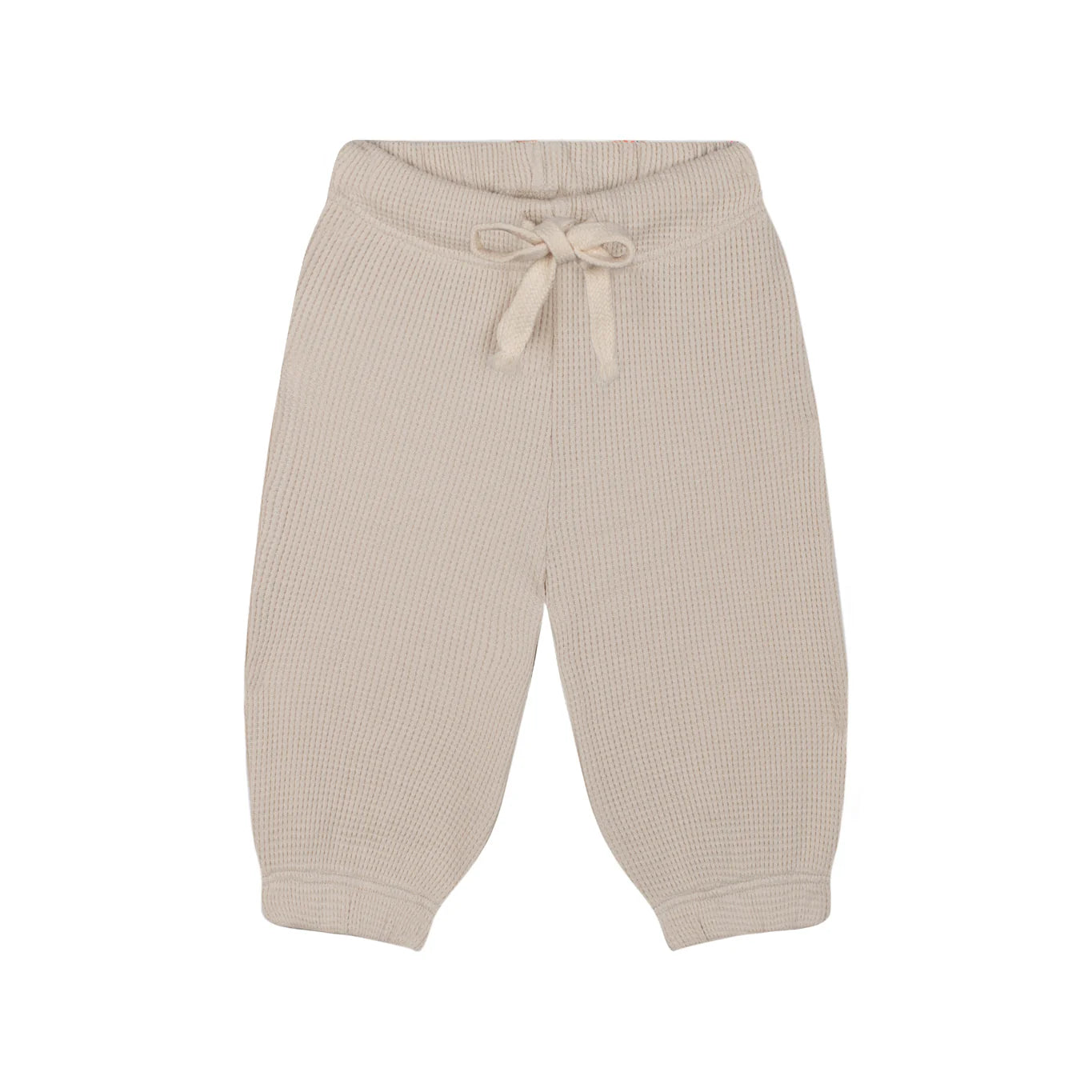 Beige Waffle Tshirt + Pants Set with Green Contrast and Happy Embroidery