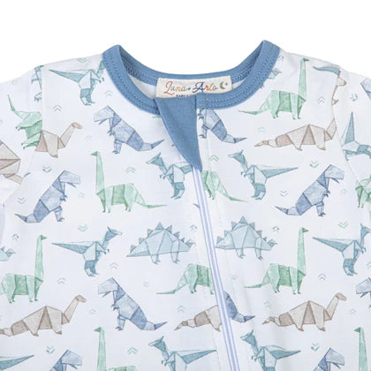 Blue Origami Dinos Zip Footie by Luna and Arlo