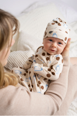 Zipper one piece cookies and milk with Baby Top knot cap