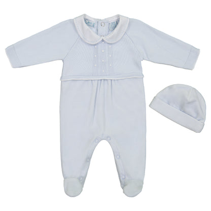 Blue Velour Dot Knit Romper with Hat