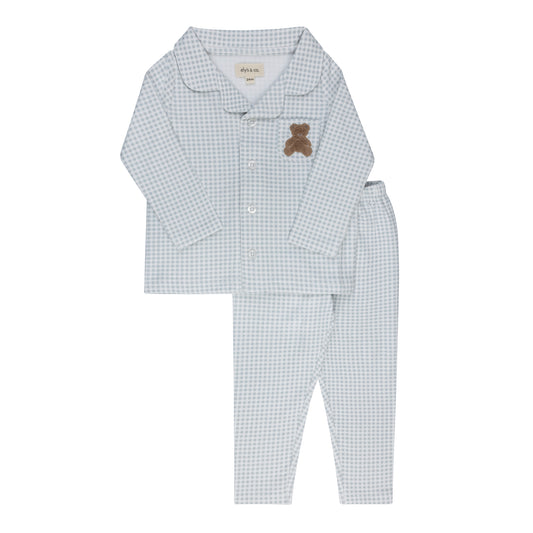 Blue Gingham Teddy Long Sleeve Pajama Set