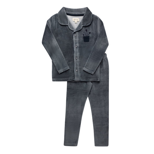 Stripe Blue Velour Long Sleeve Pajama Set