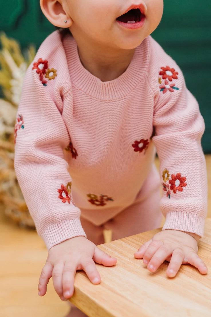 Floral Bouquet Pink Organic Knit Baby Jumpsuit