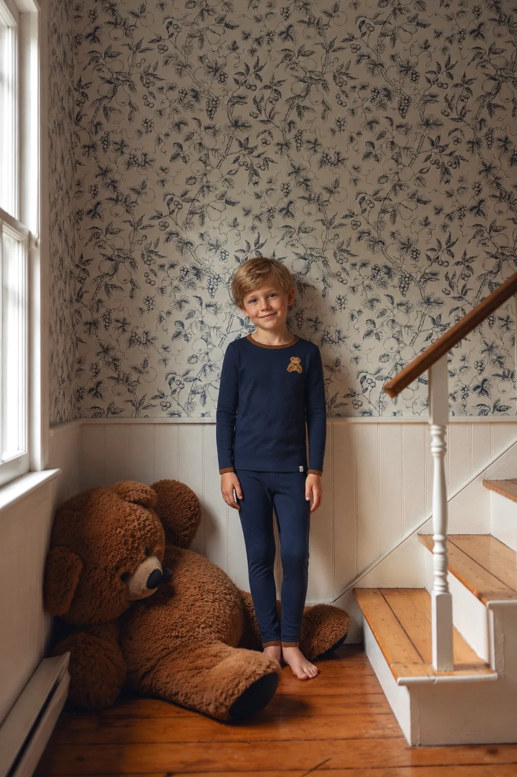 Navy Pointelle Bear Patch Long Sleeve Pajama Set