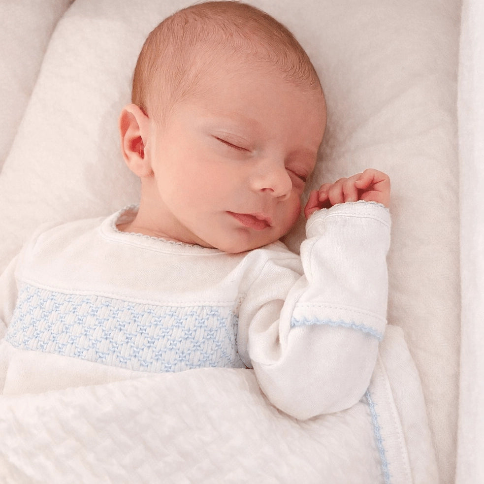 Baby Boy Smocked White Blue Trim Footie
