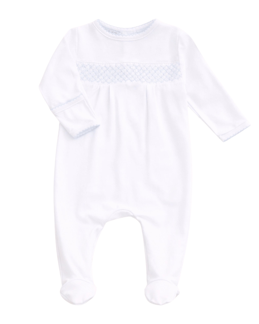 Baby Boy Smocked White Blue Trim Footie