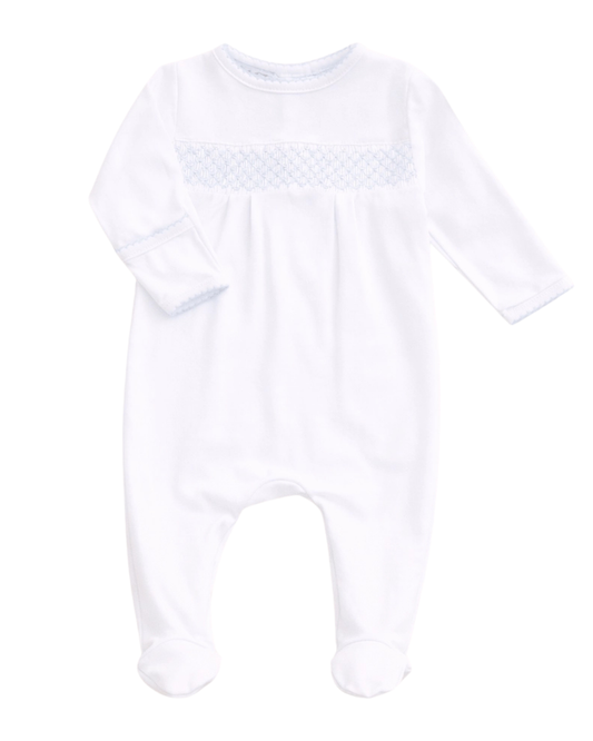 Baby Boy Smocked White Blue Trim Footie
