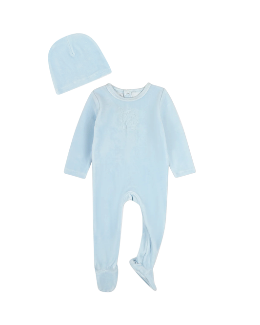 Blue Bunny Meets Chic Velour Footie with Beanie