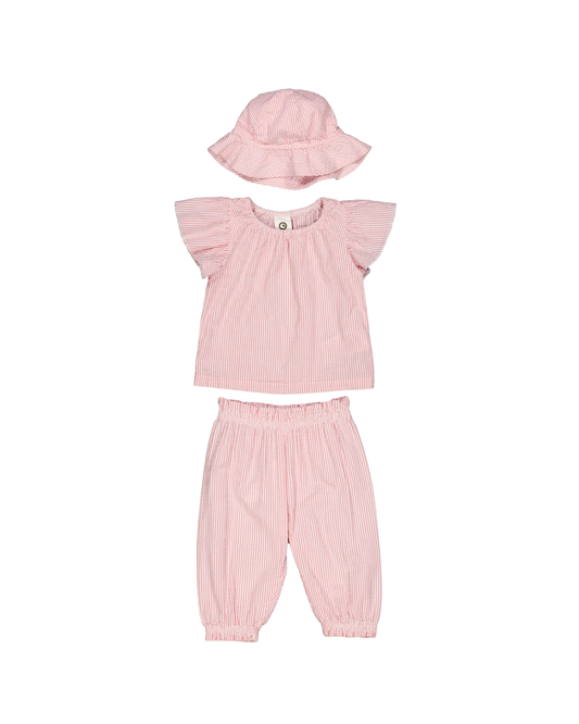 Pink Stripes Seersucker Top & Pants Set with Hat