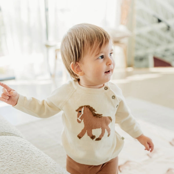 Horse Jacquard Sweater Knit Baby Pullover (Organic Cotton)