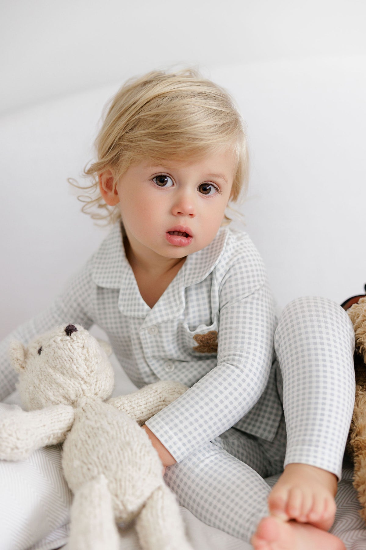 Blue Gingham Teddy Long Sleeve Pajama Set
