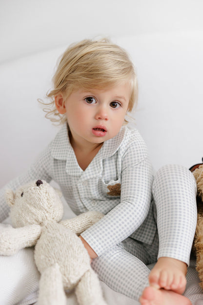 Blue Gingham Teddy Long Sleeve Pajama Set