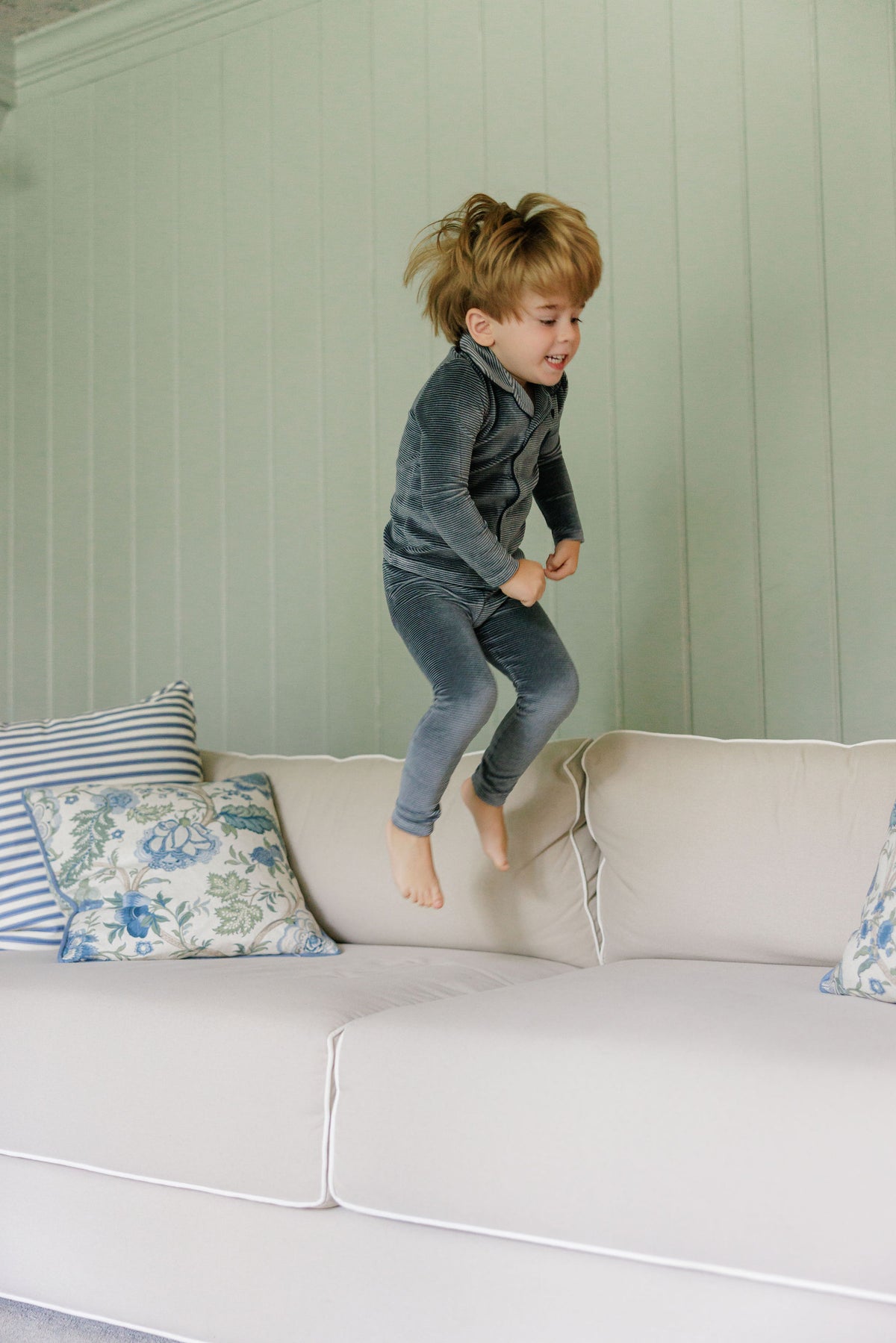 Stripe Blue Velour Long Sleeve Pajama Set
