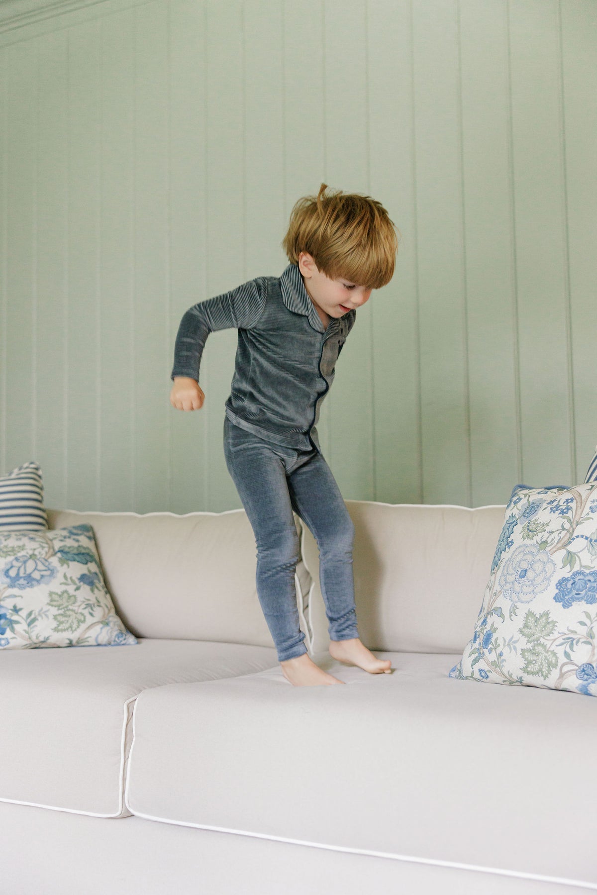 Stripe Blue Velour Long Sleeve Pajama Set