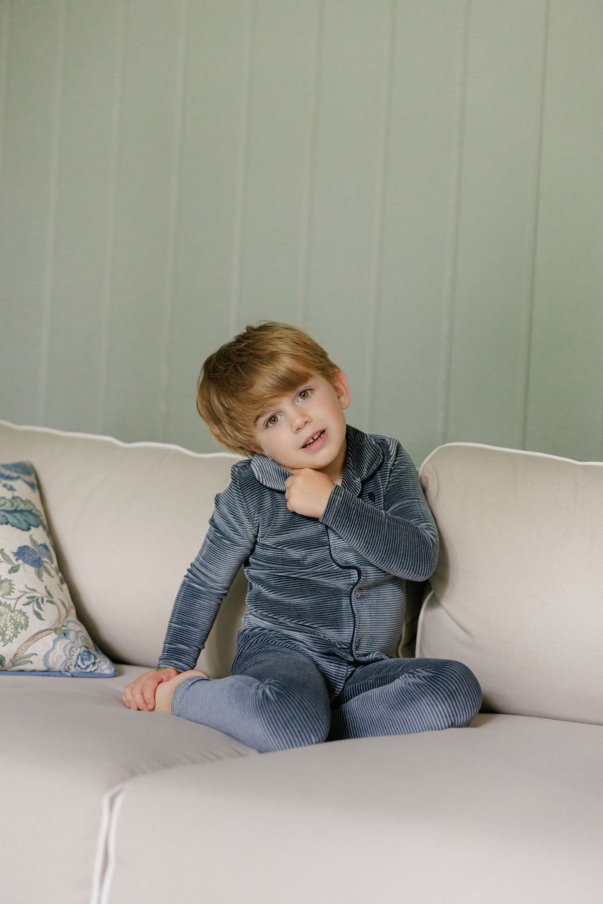 Stripe Blue Velour Long Sleeve Pajama Set