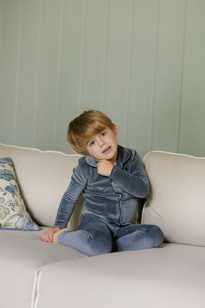 Stripe Blue Velour Long Sleeve Pajama Set