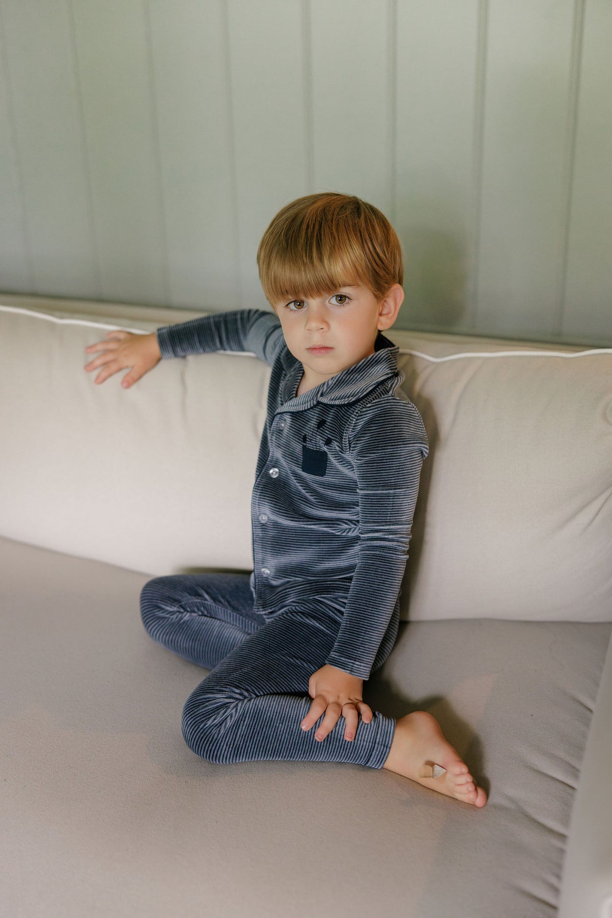 Stripe Blue Velour Long Sleeve Pajama Set