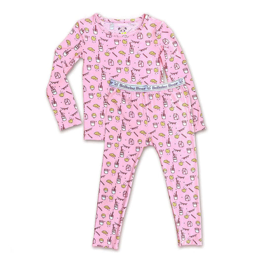 Milk & Cookies Blue Bamboo Kids Pajamas Pink