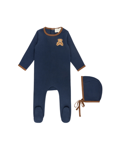 Navy Pointelle Bear Patch Footie