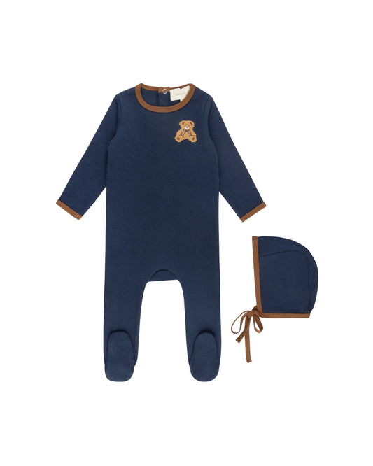 Navy Pointelle Bear Patch Footie