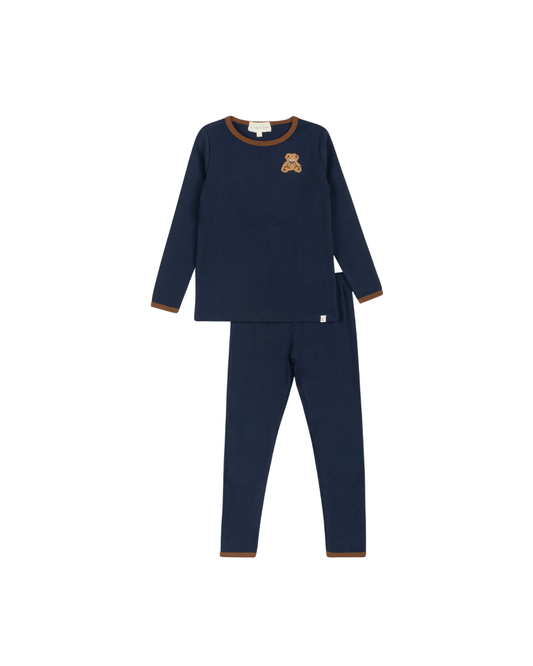 Navy Pointelle Bear Patch Long Sleeve Pajama Set
