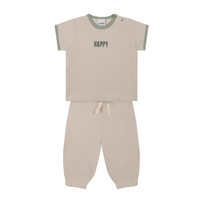 Beige Waffle Tshirt + Pants Set with Green Contrast and Happy Embroidery