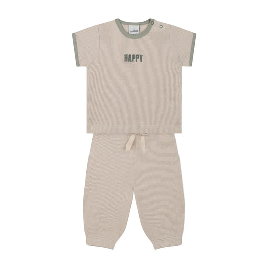Beige Waffle Tshirt + Pants Set with Green Contrast and Happy Embroidery