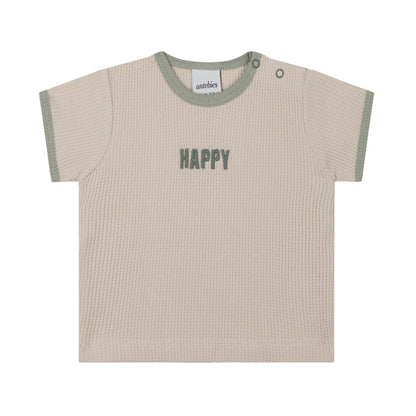 Beige Waffle Tshirt + Pants Set with Green Contrast and Happy Embroidery