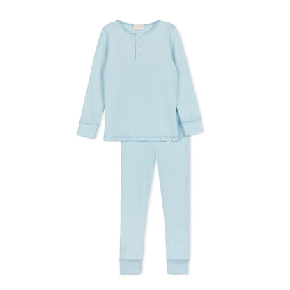 Blue Ribbed Henley Long Sleeve Pajama Set