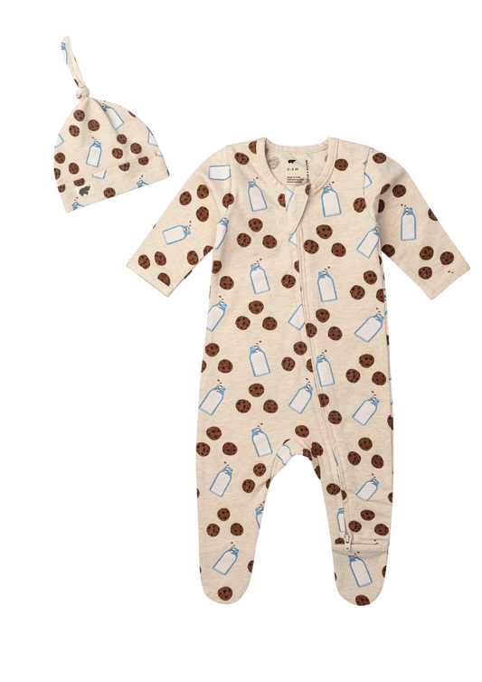 Zipper one piece cookies and milk with Baby Top knot cap
