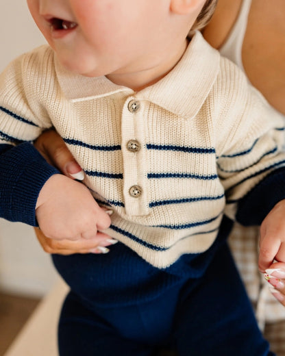 Classic Stripe Polo Sweater Knit Baby Pullover & Pant Set
