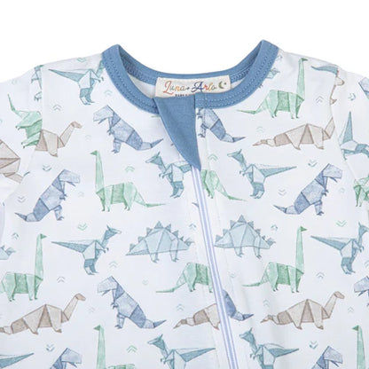 Blue Origami Dinos Zip Footie by Luna and Arlo