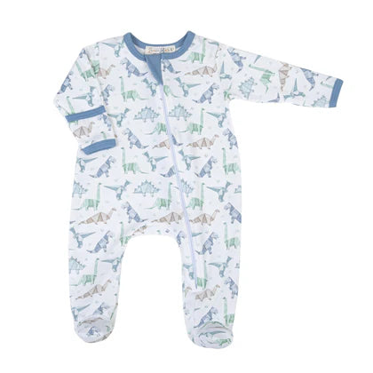 Blue Origami Dinos Zip Footie by Luna and Arlo