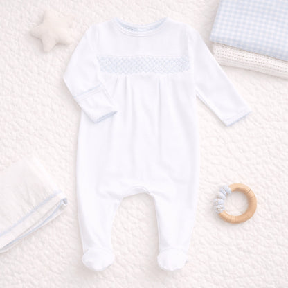 Baby Boy Smocked White Blue Trim Footie