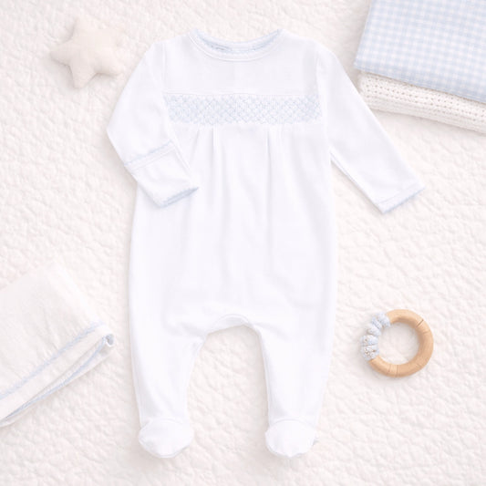 Baby Boy Smocked White Blue Trim Footie